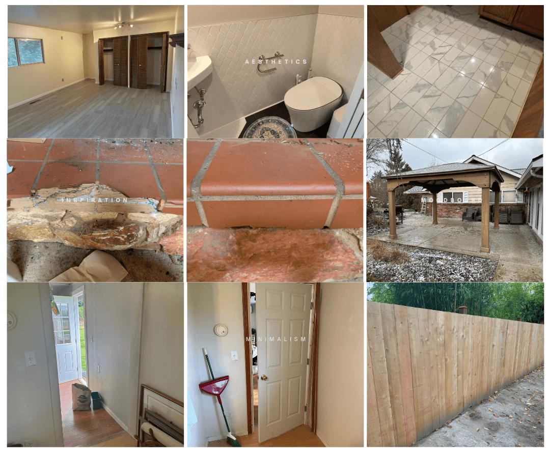 Collage of handyman remodeling projects including a renovated bedroom closet, powder room tile and fixtures, diamond-pattern porcelain flooring, brick and stone masonry repair, a wooden backyard gazebo and patio, freshly painted interior doorways, and a new cedar privacy fence